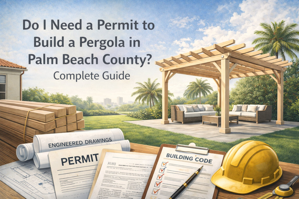 Wood pergola in a Palm Beach County backyard with permit documents, engineered drawings, and building code checklist in foreground.