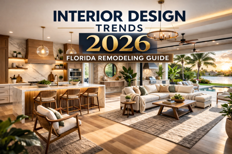 Modern open concept Florida living room and kitchen with warm wood floors natural stone finishes and large sliding doors leading to a tropical outdoor patio featuring text Interior Design Trends 2026 The Complete Florida Remodeling Guide