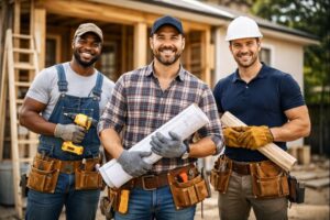 local remodeling contractors standing at home renovation site holding blueprints and construction tools