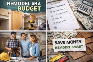 homeowner meeting with contractor and reviewing budget remodeling plans with cabinet installation and cost-saving materials