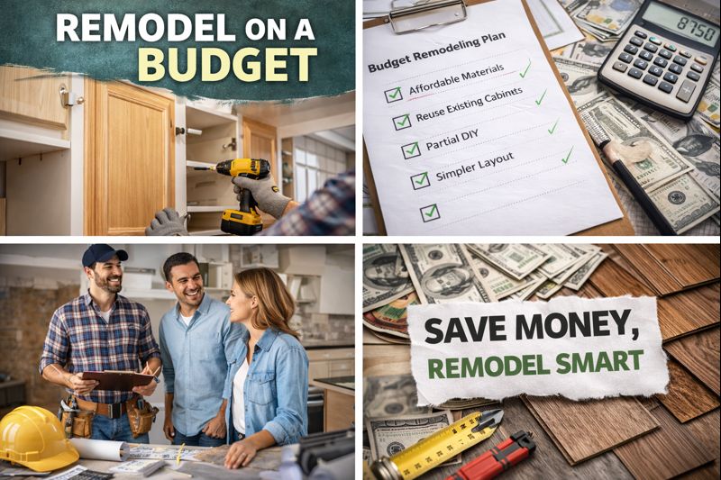 homeowner meeting with contractor and reviewing budget remodeling plans with cabinet installation and cost-saving materials