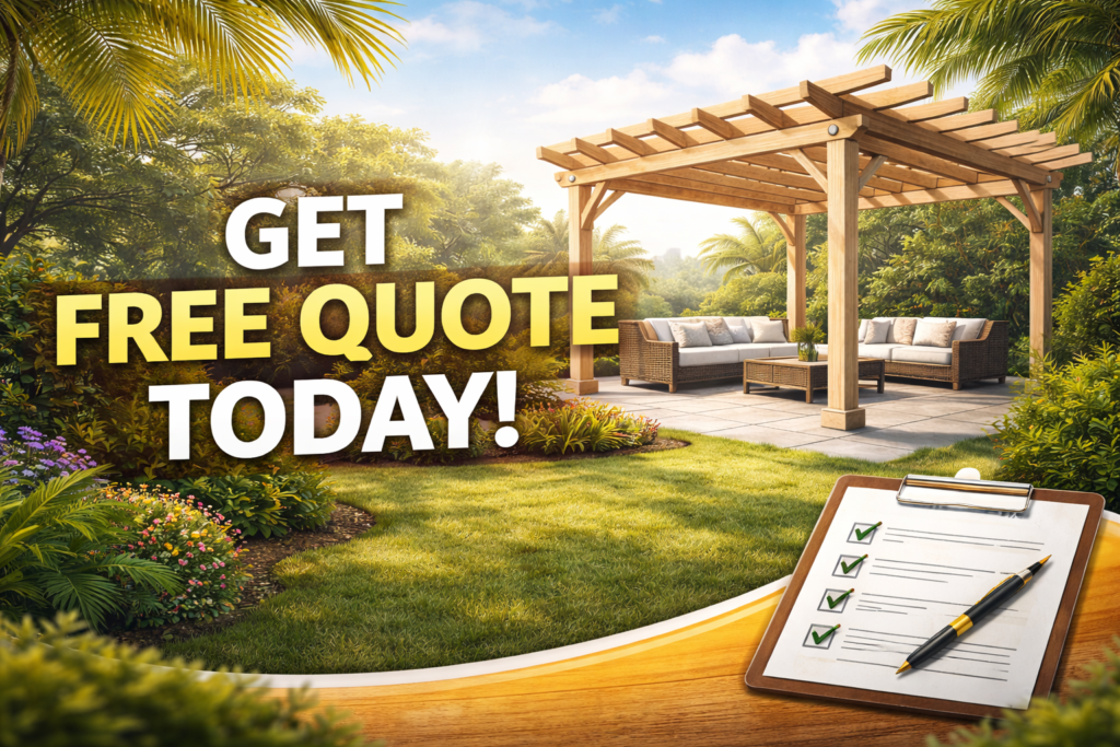 Backyard pergola with outdoor seating and palm trees featuring bold text that says “Get Free Quote Today”.