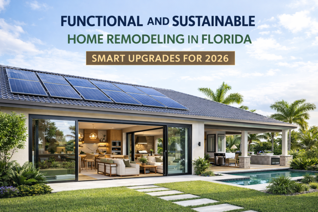Modern Florida home with solar panels, impact sliding glass doors, and seamless indoor outdoor living space illustrating functional and sustainable home remodeling in Florida.